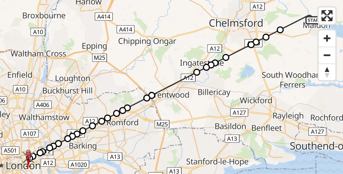 Flight path map showing Air Ambulance Helicopter route from Maldon to Royal London Hospital