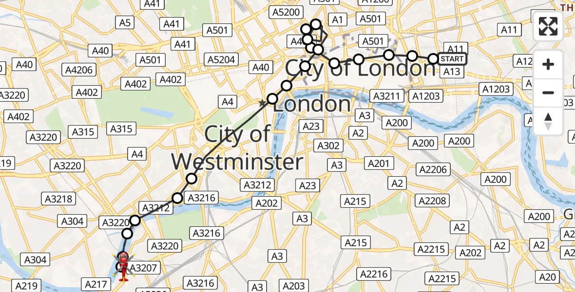 Flight path map showing Air Ambulance Helicopter route from Royal London Hospital to London Heliport