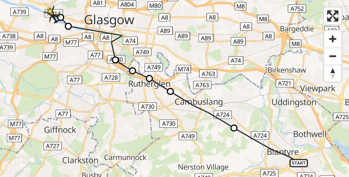 Flight path map showing Police Helicopter route from Blantyre to Glasgow City Heliport