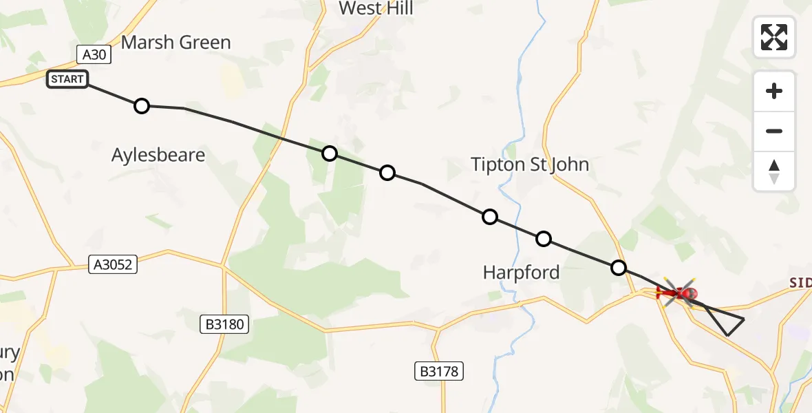 Flight path map showing Air Ambulance Helicopter route from Rockbeare to Sidmouth