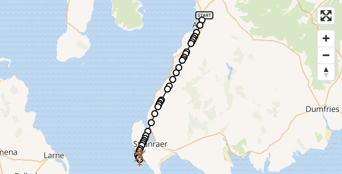Flight path map showing Coastguard Helicopter route from Glasgow Prestwick Airport to Portpatrick