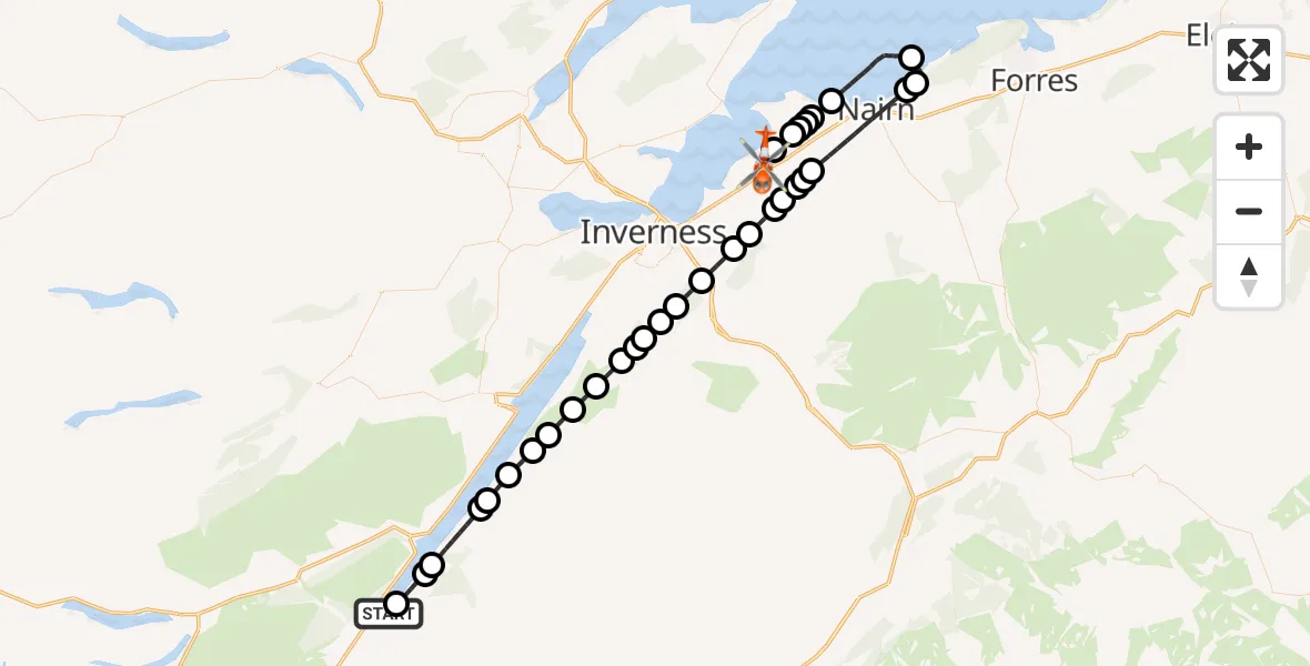 Flight path map showing Coastguard Helicopter route from Loch Ness to Inverness Airport