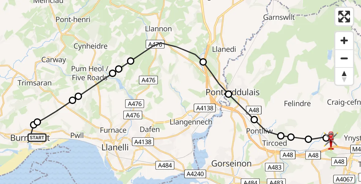 Flight path map showing Air Ambulance Helicopter route from Burry Port to Morriston Hospital Helipad