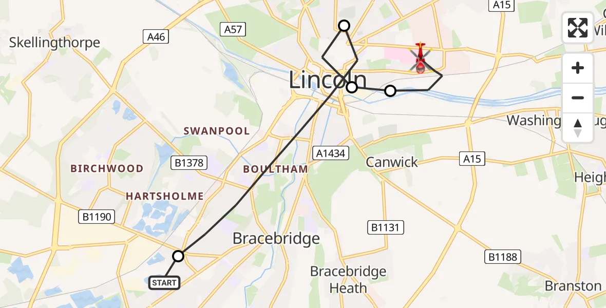 Flight path map showing Air Ambulance Helicopter route from North Hykeham to Lincoln
