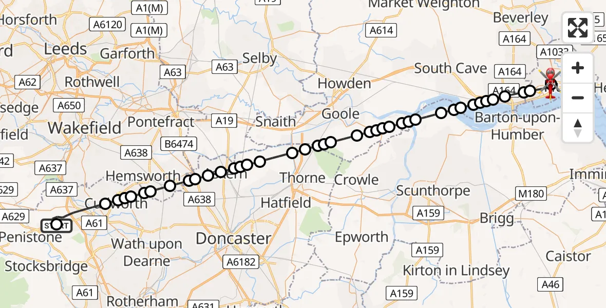 Flight path map showing Air Ambulance Helicopter route from Barnsley to Hull Royal Infirmary
