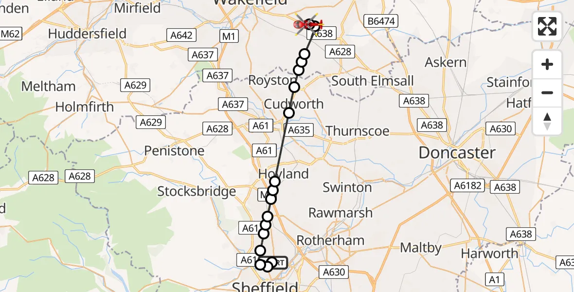 Flight path map showing Air Ambulance Helicopter route from Sheffield Northern Hospital to YAA Nostell Helicopter Port