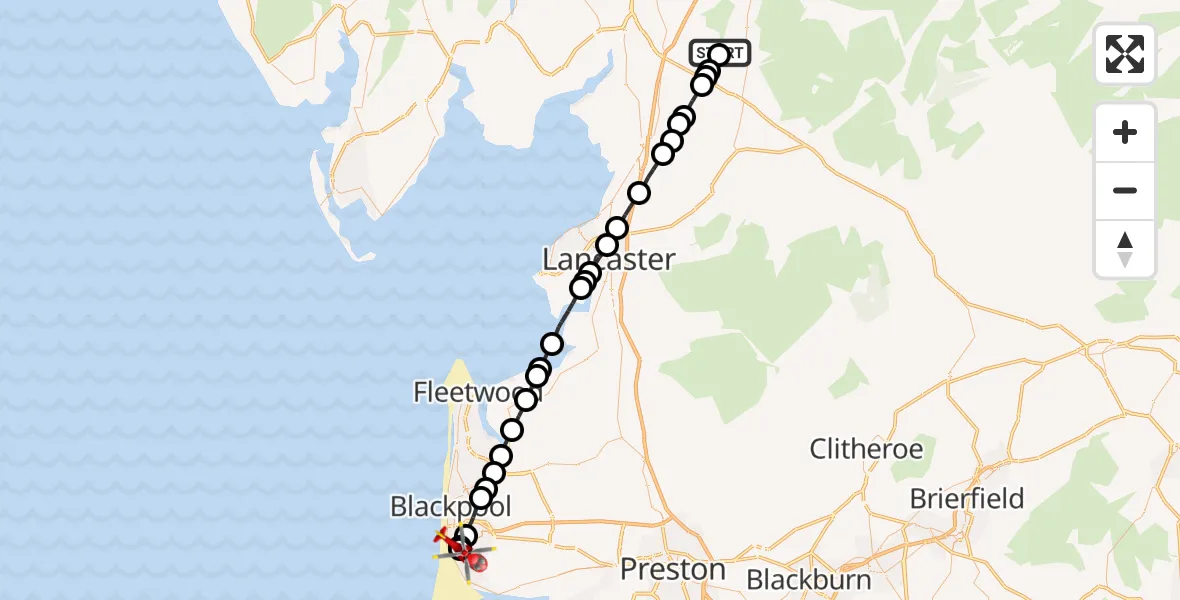 Flight path map showing Air Ambulance Helicopter route from Old Town to Blackpool Airport