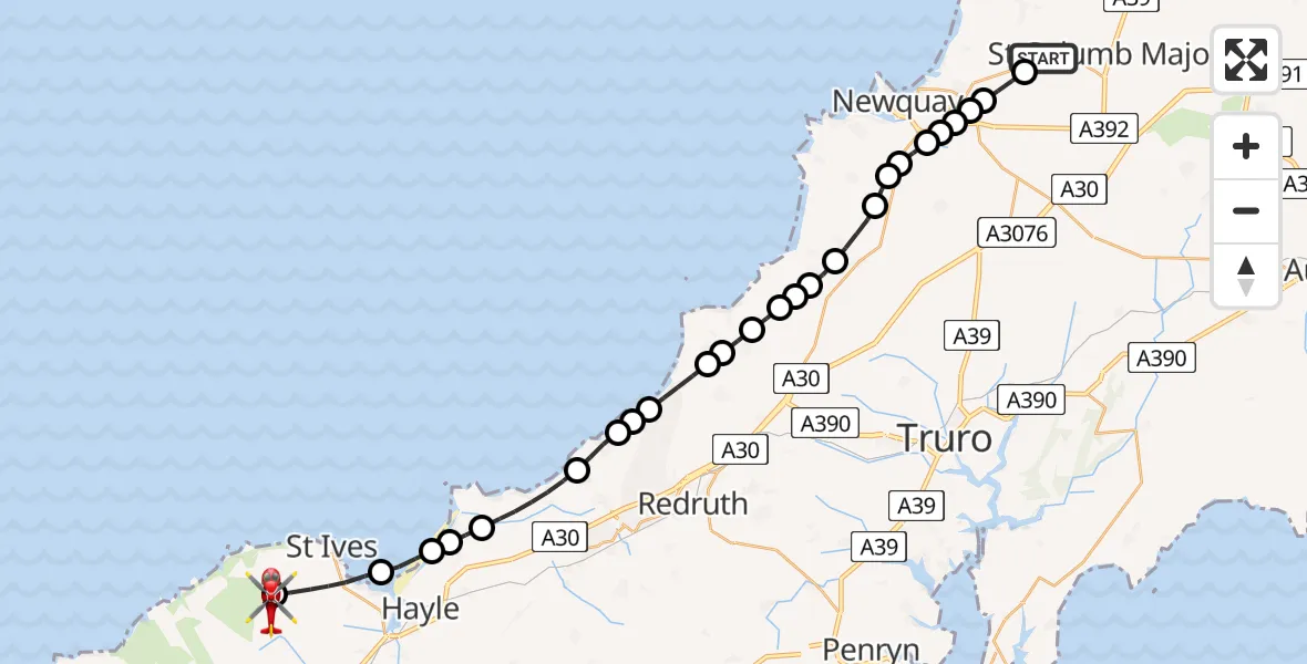 Flight path map showing Air Ambulance Helicopter route from Cornwall Airport Newquay to Towednack