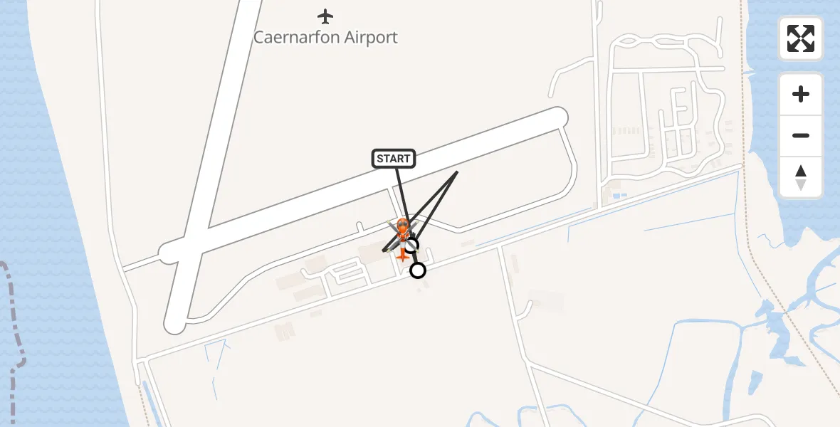 Flight path map showing Coastguard Helicopter route from Caernarfon Airport to Caernarfon Airport