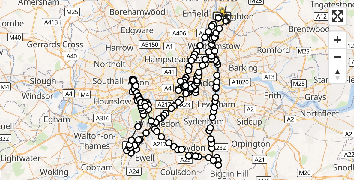Flight path map showing Police Helicopter route from Sewardstonebury to Sewardstonebury