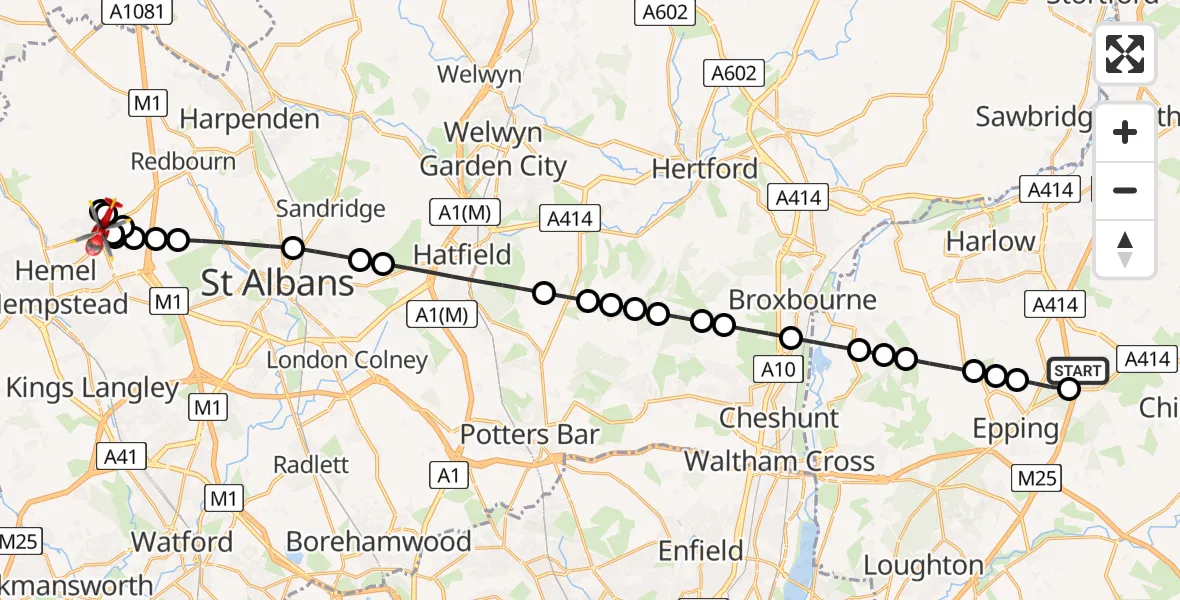 Flight path map showing Air Ambulance Helicopter route from North Weald Airfield to Hemel Hempstead