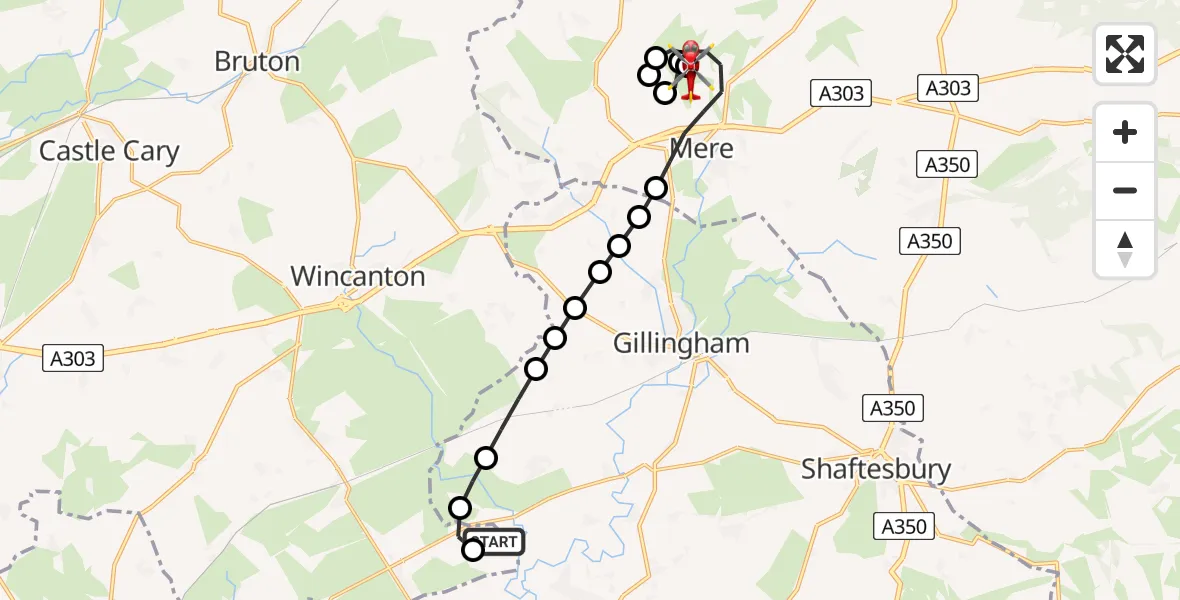 Flight path map showing Air Ambulance Helicopter route from Henstridge Airfield to Mere