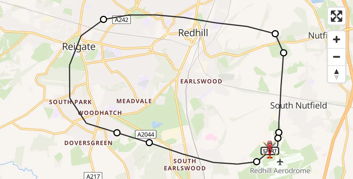 Flight path map showing Air Ambulance Helicopter route from Redhill Aerodrome to Redhill Aerodrome
