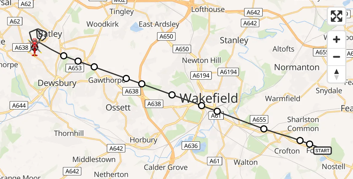 Flight path map showing Air Ambulance Helicopter route from YAA Nostell Helicopter Port to Dewsbury