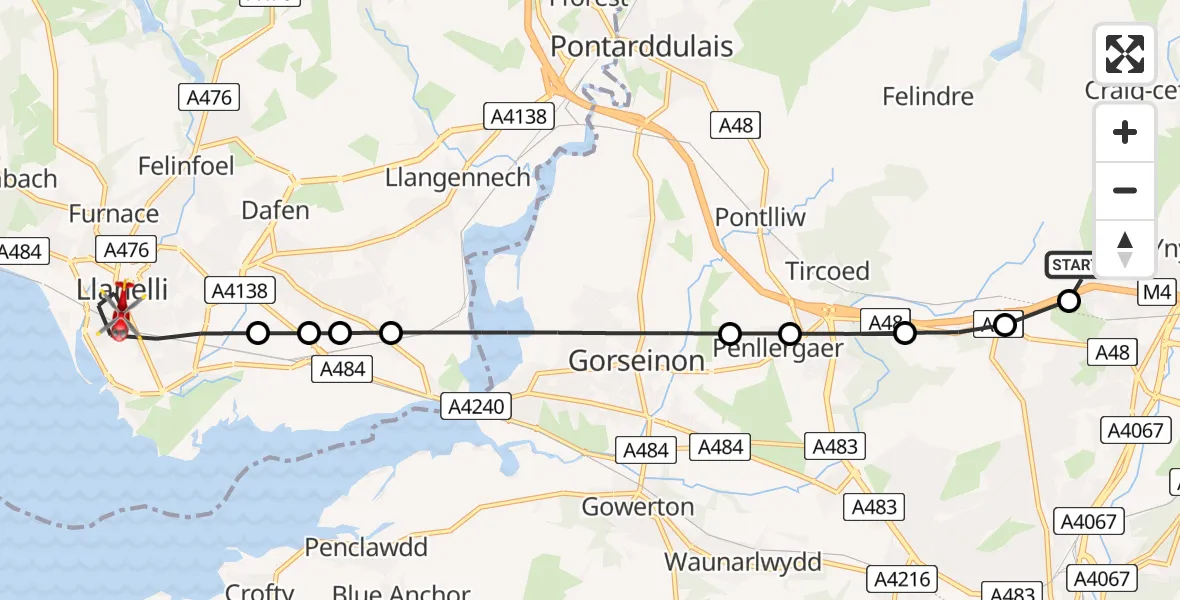 Flight path map showing Air Ambulance Helicopter route from Morriston Hospital Helipad to Llanelli