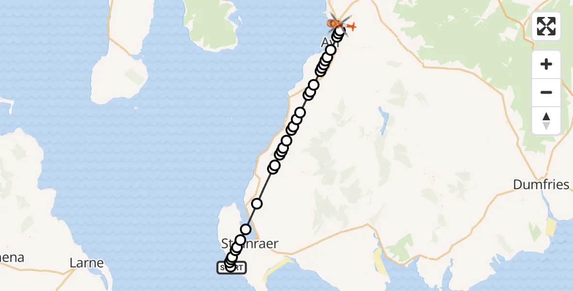 Flight path map showing Coastguard Helicopter route from Portpatrick to Glasgow Prestwick Airport