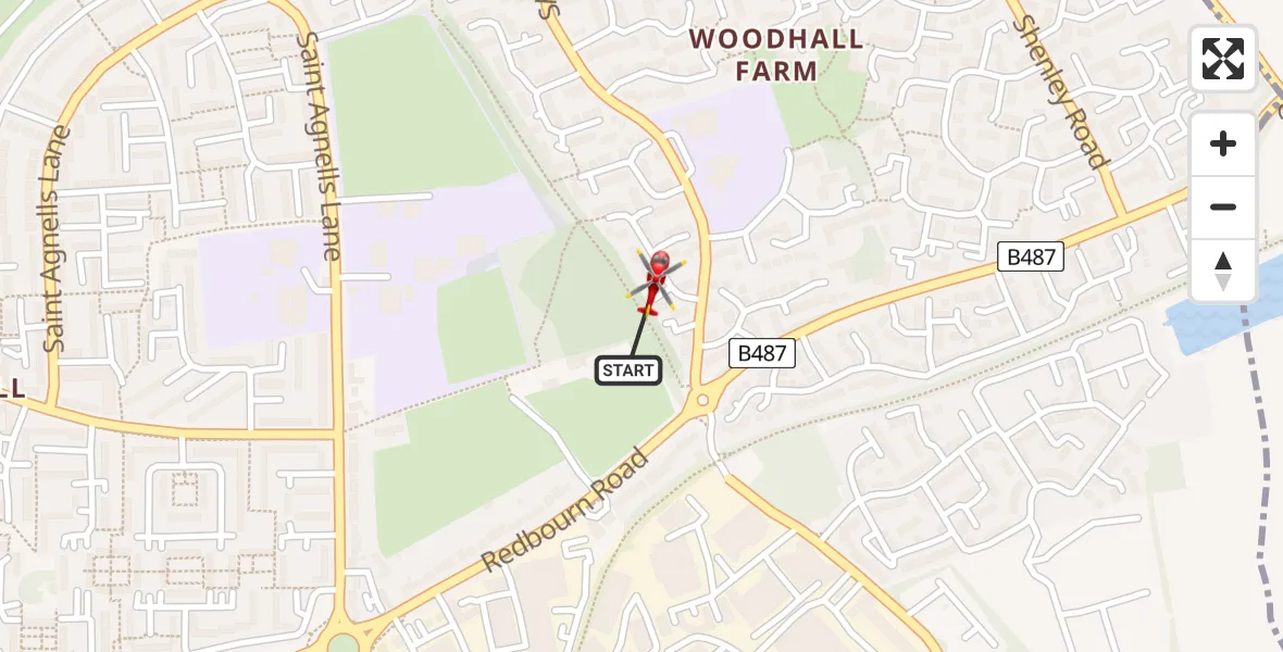 Flight path map showing Air Ambulance Helicopter route from Hemel Hempstead to Hemel Hempstead