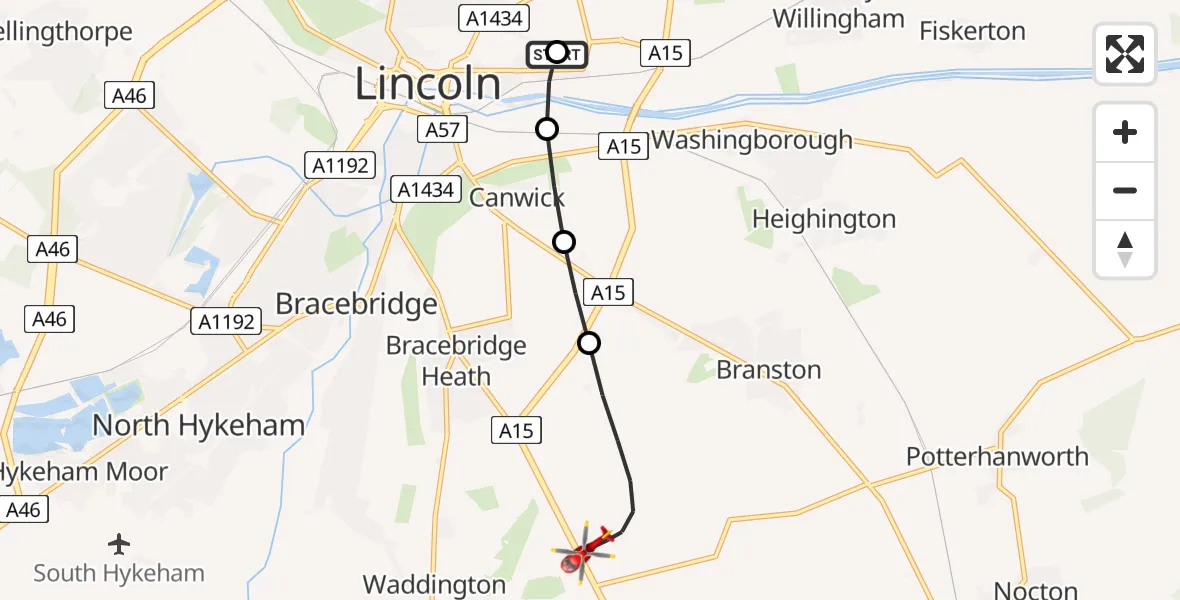 Flight path map showing Air Ambulance Helicopter route from Lincoln County Trauma Unit to North Kesteven