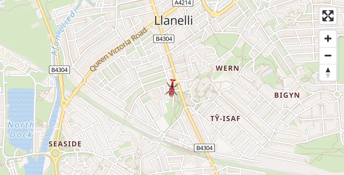 Flight path map showing Air Ambulance Helicopter route from Llanelli to Llanelli