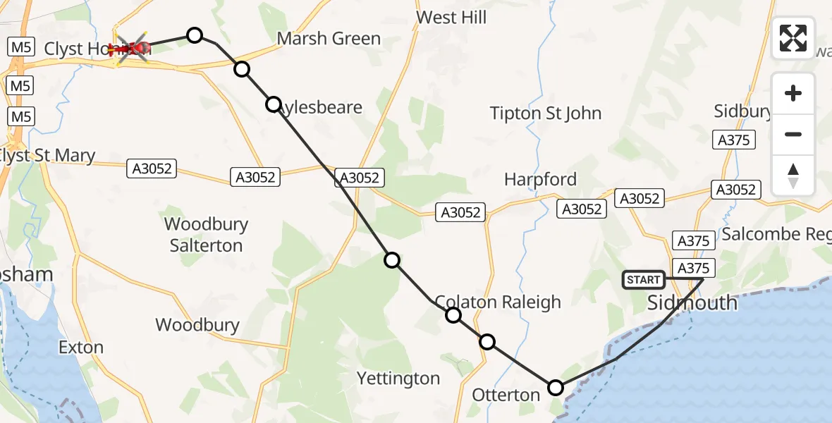 Flight path map showing Air Ambulance Helicopter route from Sidmouth to Exeter International Airport