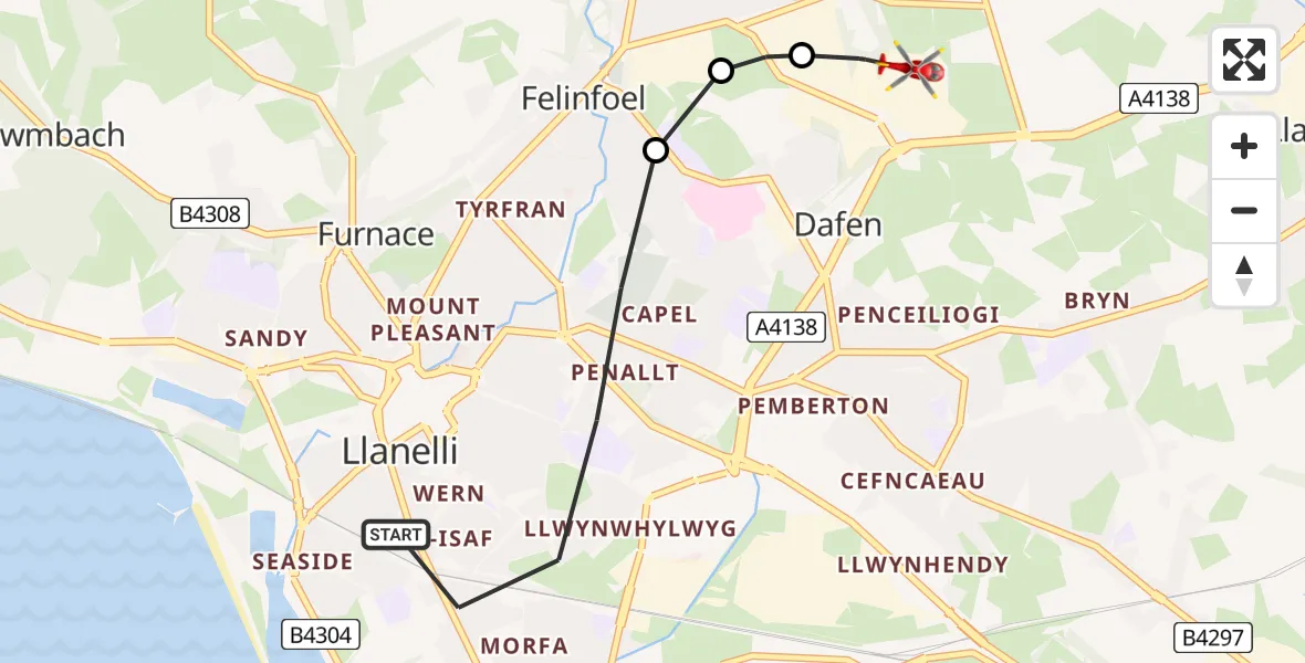 Flight path map showing Air Ambulance Helicopter route from Llanelli to Dafen