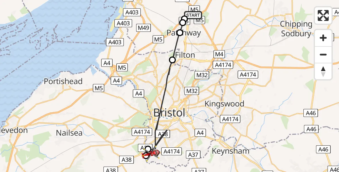 Flight path map showing Air Ambulance Helicopter route from Almondsbury Helicopter Base to Bristol