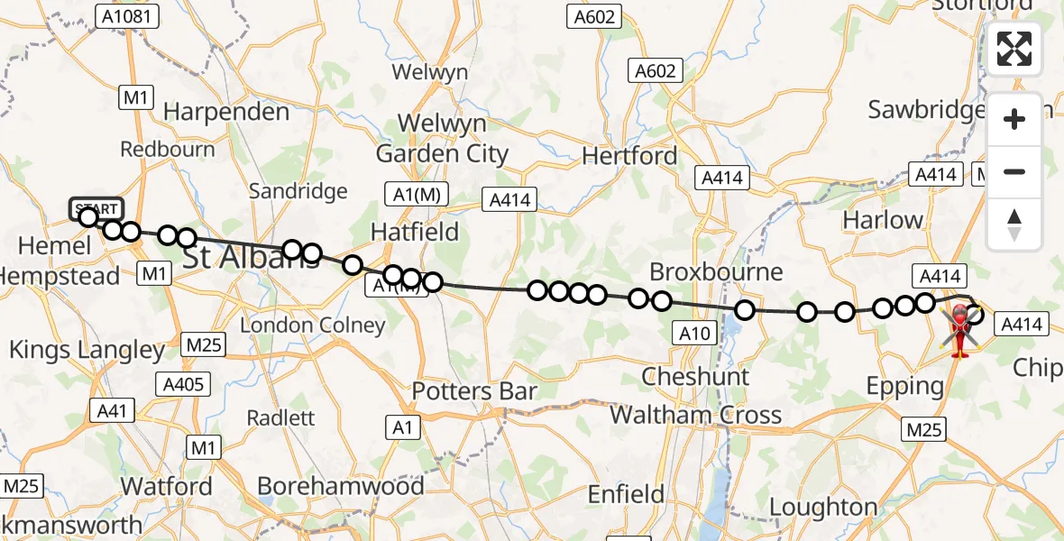 Flight path map showing Air Ambulance Helicopter route from Hemel Hempstead to North Weald Airfield
