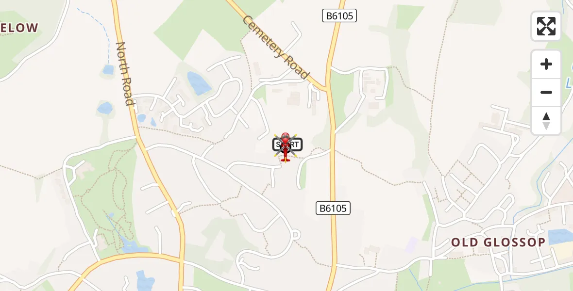 Flight path map showing Air Ambulance Helicopter route from Glossop to Padfield
