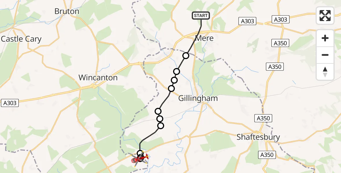Flight path map showing Air Ambulance Helicopter route from Mere to Henstridge Airfield