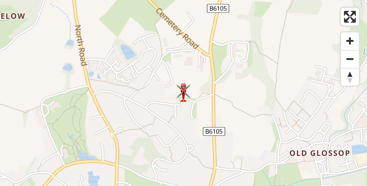 Flight path map showing Air Ambulance Helicopter route from Glossop to Glossop