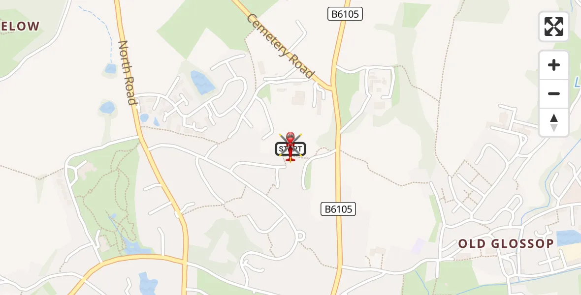 Flight path map showing Air Ambulance Helicopter route from Glossop to Padfield