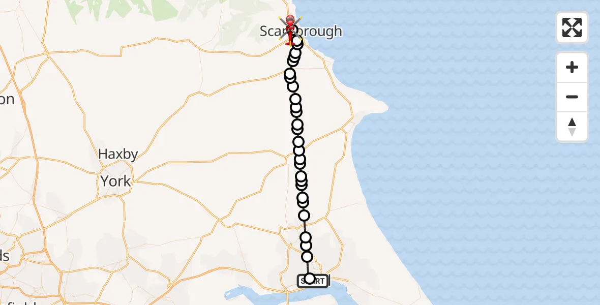 Flight path map showing Air Ambulance Helicopter route from Hull Royal Infirmary to Newby