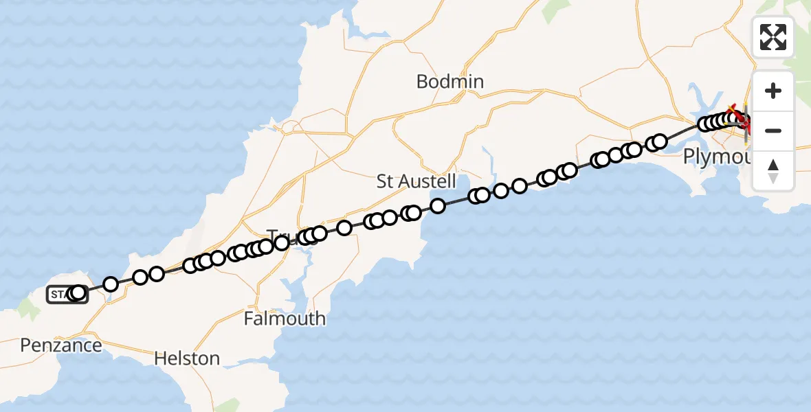 Flight path map showing Air Ambulance Helicopter route from Towednack to Derriford Hospital