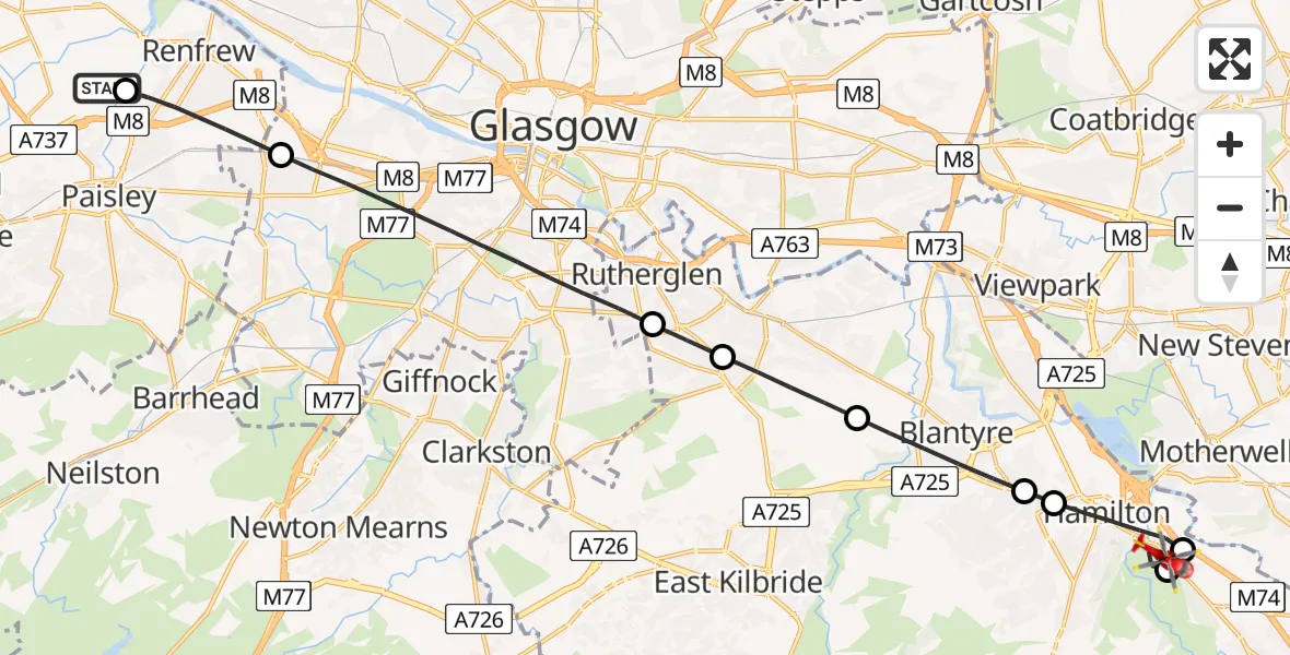 Flight path map showing Air Ambulance Helicopter route from Glasgow Airport to Ferniegair