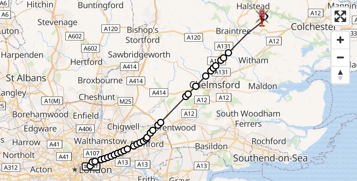 Flight path map showing Air Ambulance Helicopter route from Royal London Hospital to Earls Colne Airfield