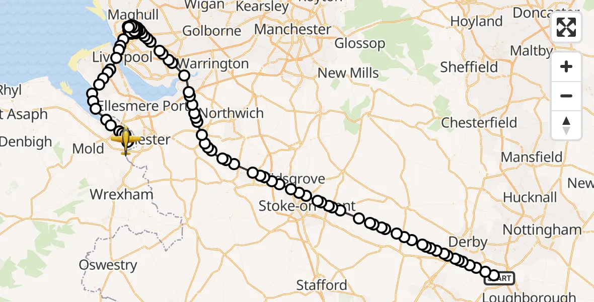 Flight path map showing Police Aircraft route from East Midlands Airport to Hawarden Airport
