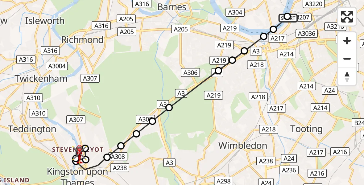 Flight path map showing Air Ambulance Helicopter route from London Heliport to Hampton Wick