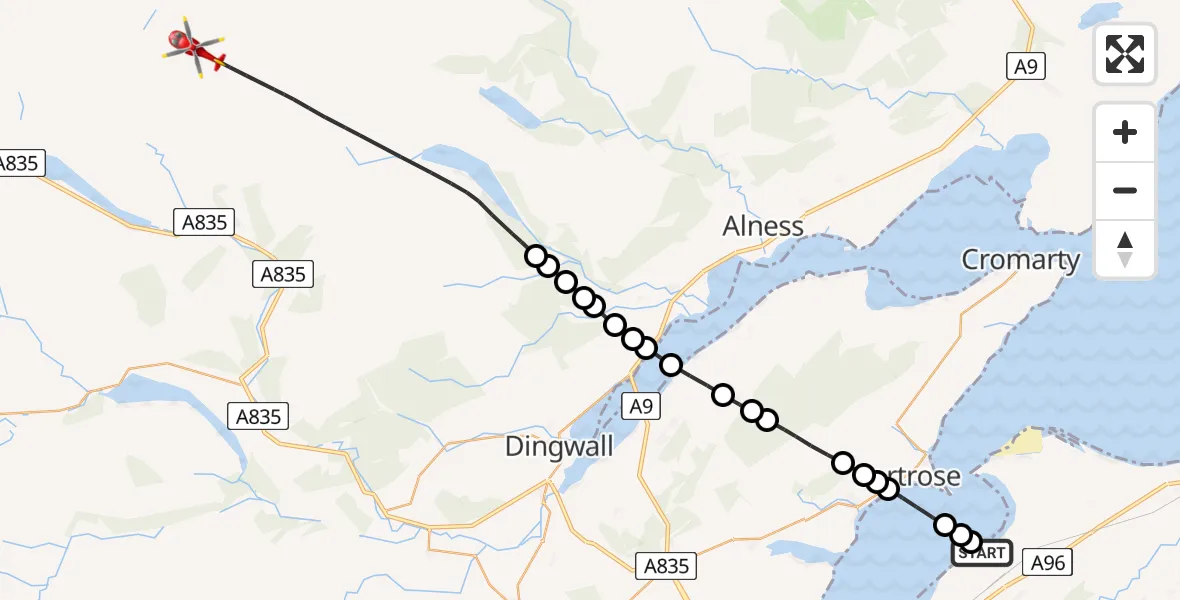 Flight path map showing Air Ambulance Helicopter route from Inverness to Highland