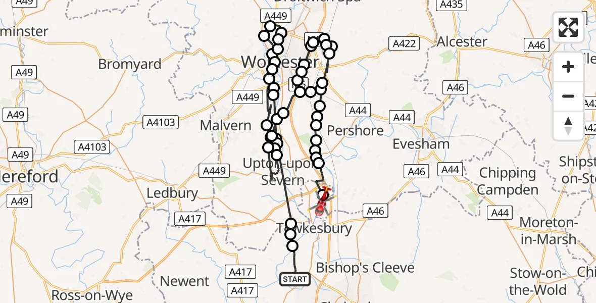 Flight path map showing Air Ambulance Helicopter route from Tewkesbury to Bredon