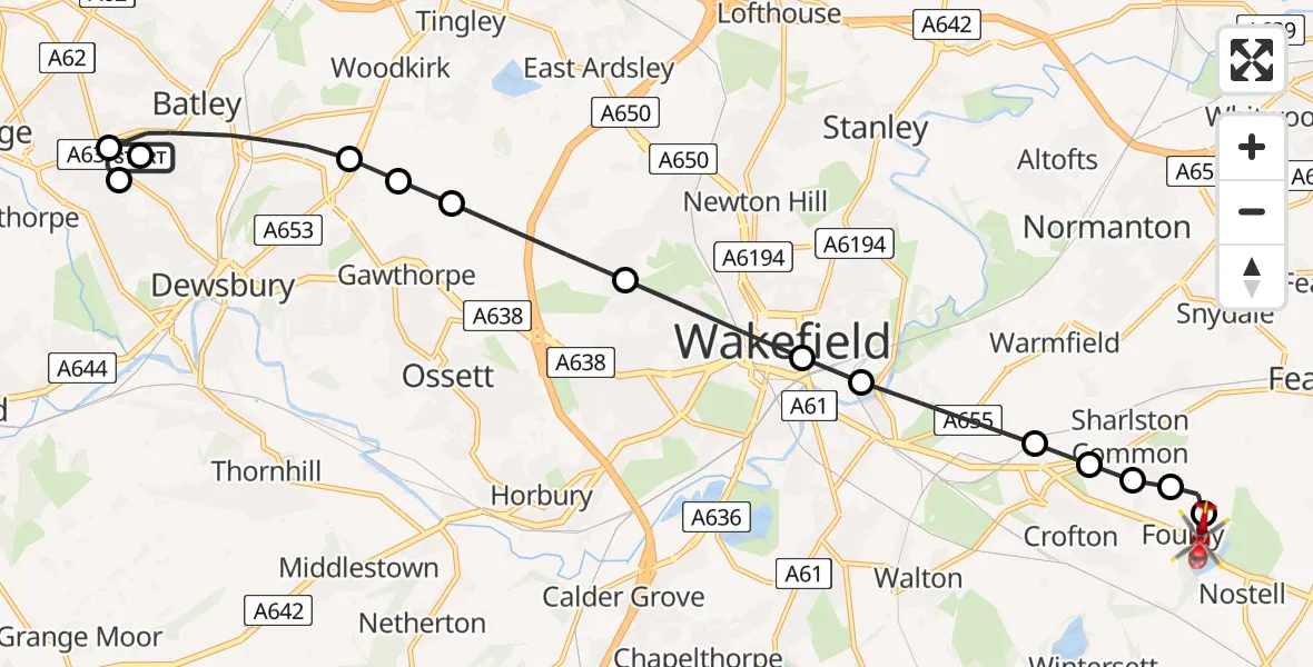Flight path map showing Air Ambulance Helicopter route from Batley to YAA Nostell Helicopter Port