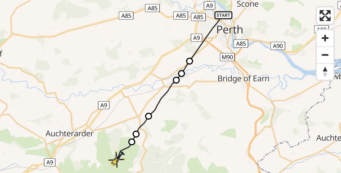 Flight path map showing Police Helicopter route from Perth to Upper Beldhill