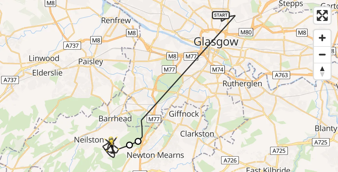 Flight path map showing Police Helicopter route from Glasgow to Barrhead