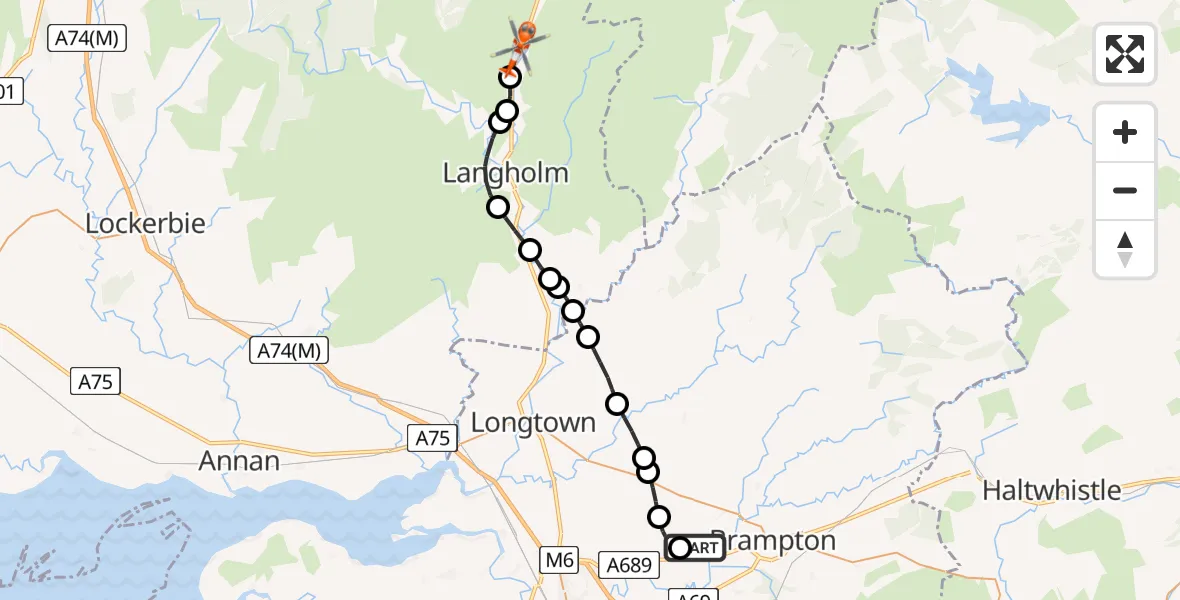 Flight path map showing Coastguard Helicopter route from Carlisle Lake District Airport to Arkleton
