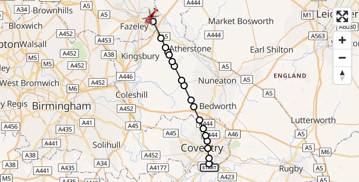 Flight path map showing Air Ambulance Helicopter route from Tollbar End to Tamworth