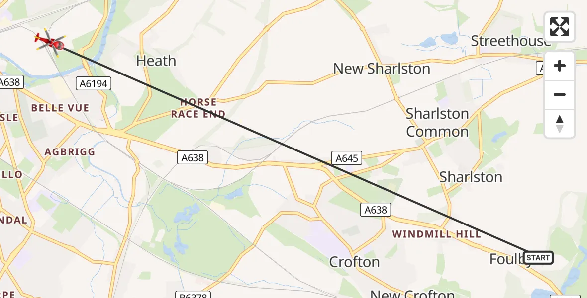 Flight path map showing Air Ambulance Helicopter route from YAA Nostell Helicopter Port to Heath