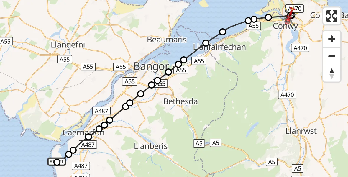 Flight path map showing Air Ambulance Helicopter route from Caernarfon Airport to Conwy