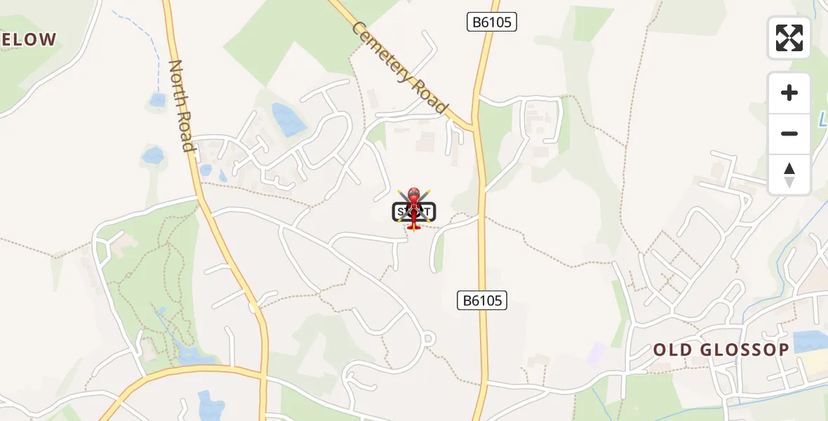Flight path map showing Air Ambulance Helicopter route from Glossop to Padfield