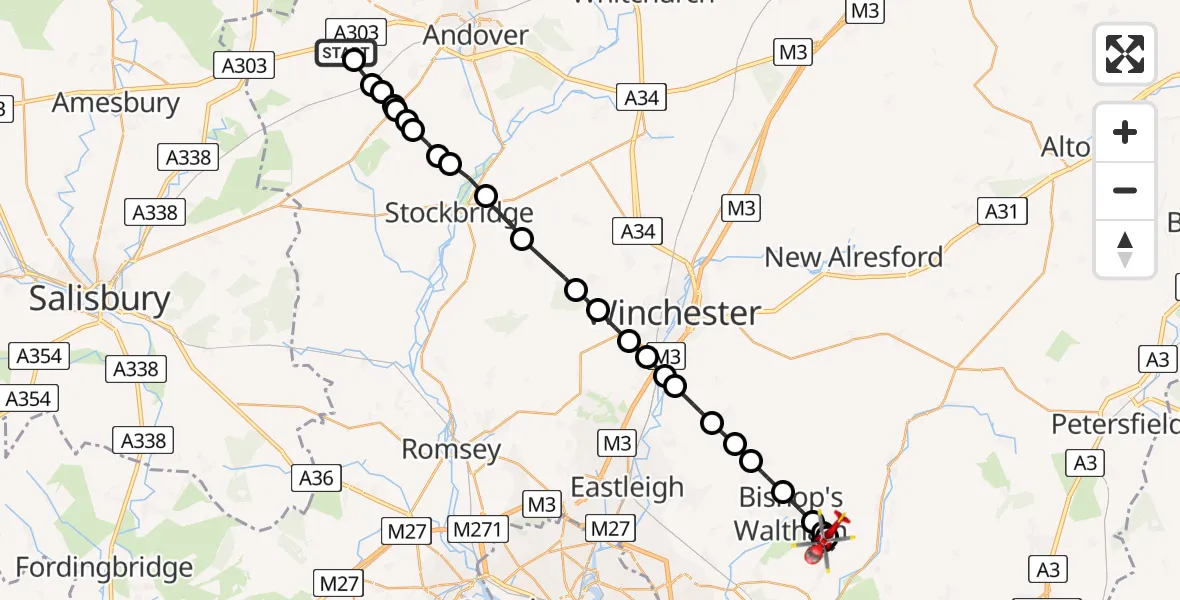 Flight path map showing Air Ambulance Helicopter route from Thruxton to Waltham Chase