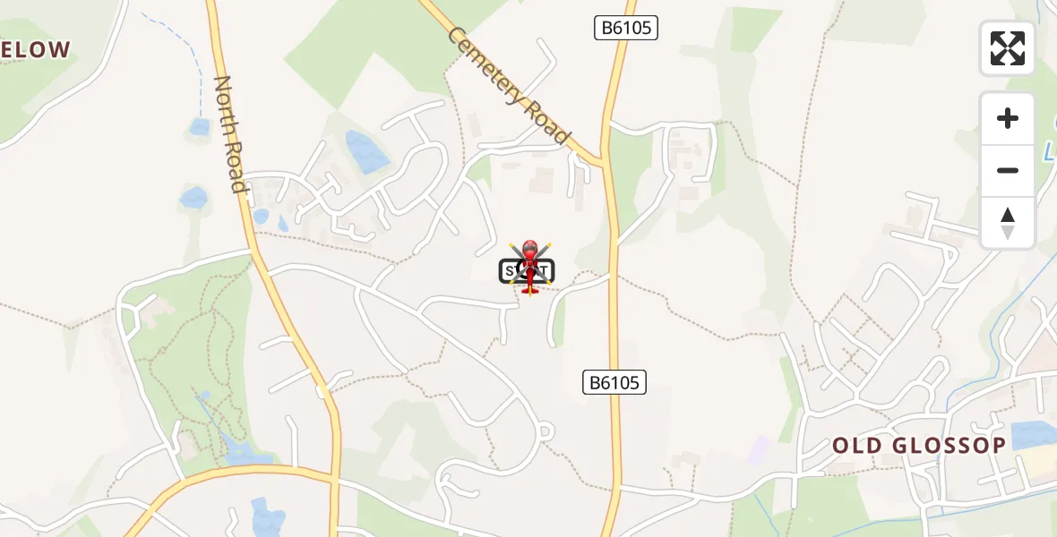 Flight path map showing Air Ambulance Helicopter route from Glossop to Padfield