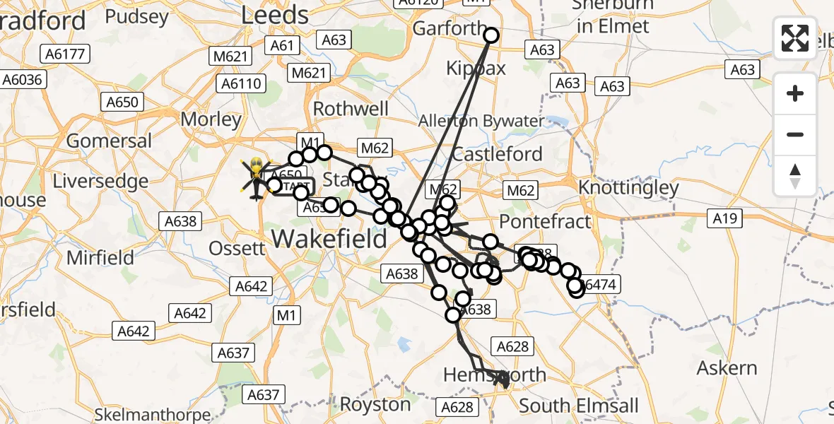 Flight path map showing Police Helicopter route from Wrenthorpe to East Ardsley